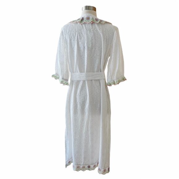 ROLLER RABBIT Luca Caftan Dress White Eyelet Embroidery Scalloped Floral Small - Picture 2 of 11